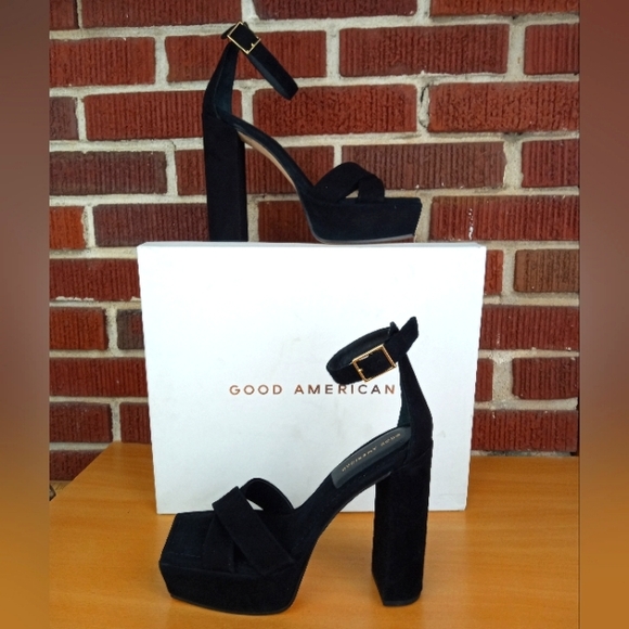 NIB Good American Square Toe Chunky Heel Strappy Sandals in Black Suede Sz. 10.5 - Picture 5 of 8